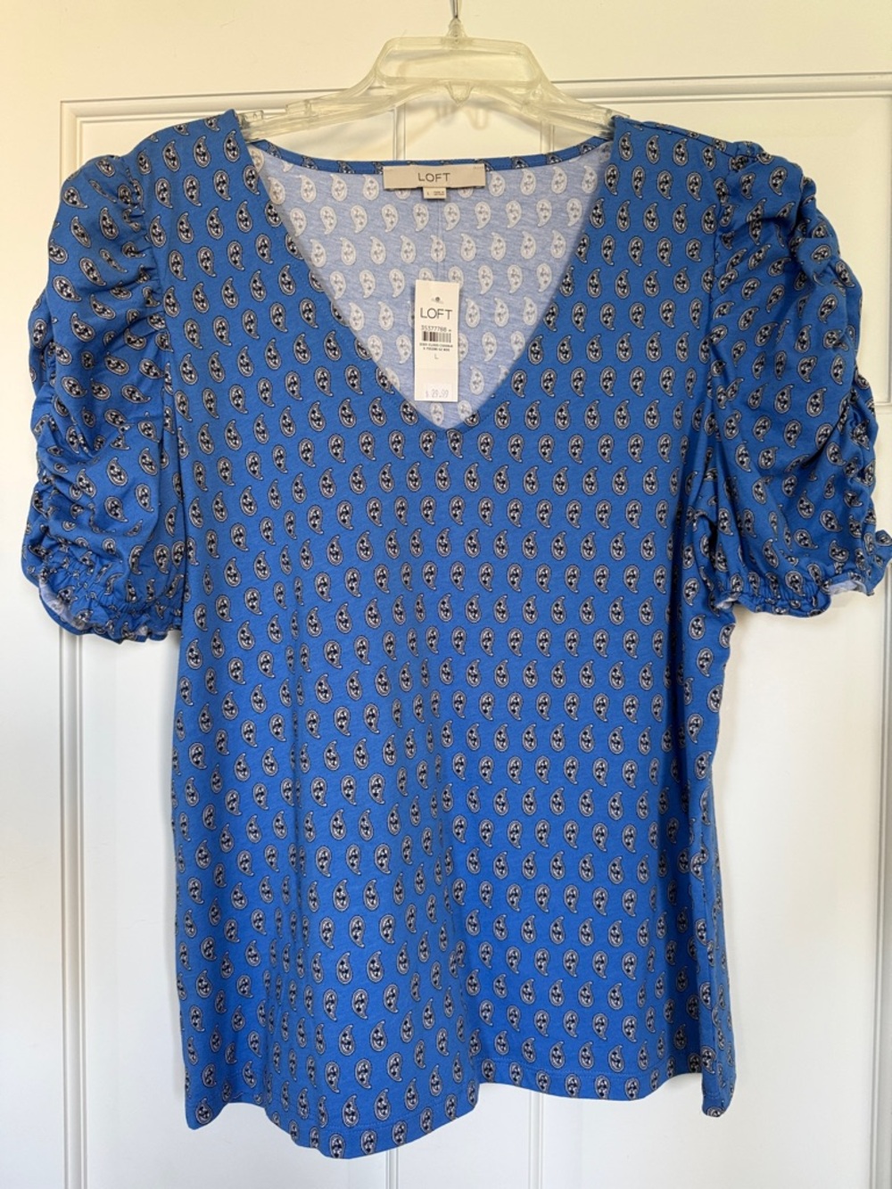 LOFT Bright Blue Paisley V-Neck Puff Sleeve Blouse
